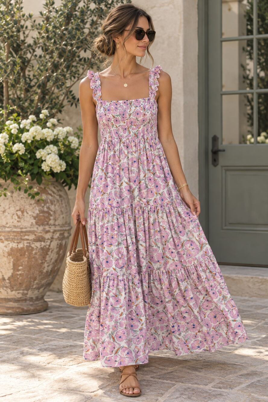 Haute Hippie Floral Maxi Dress Large Pink Purple Ruffle Strap Boho Cottagecore